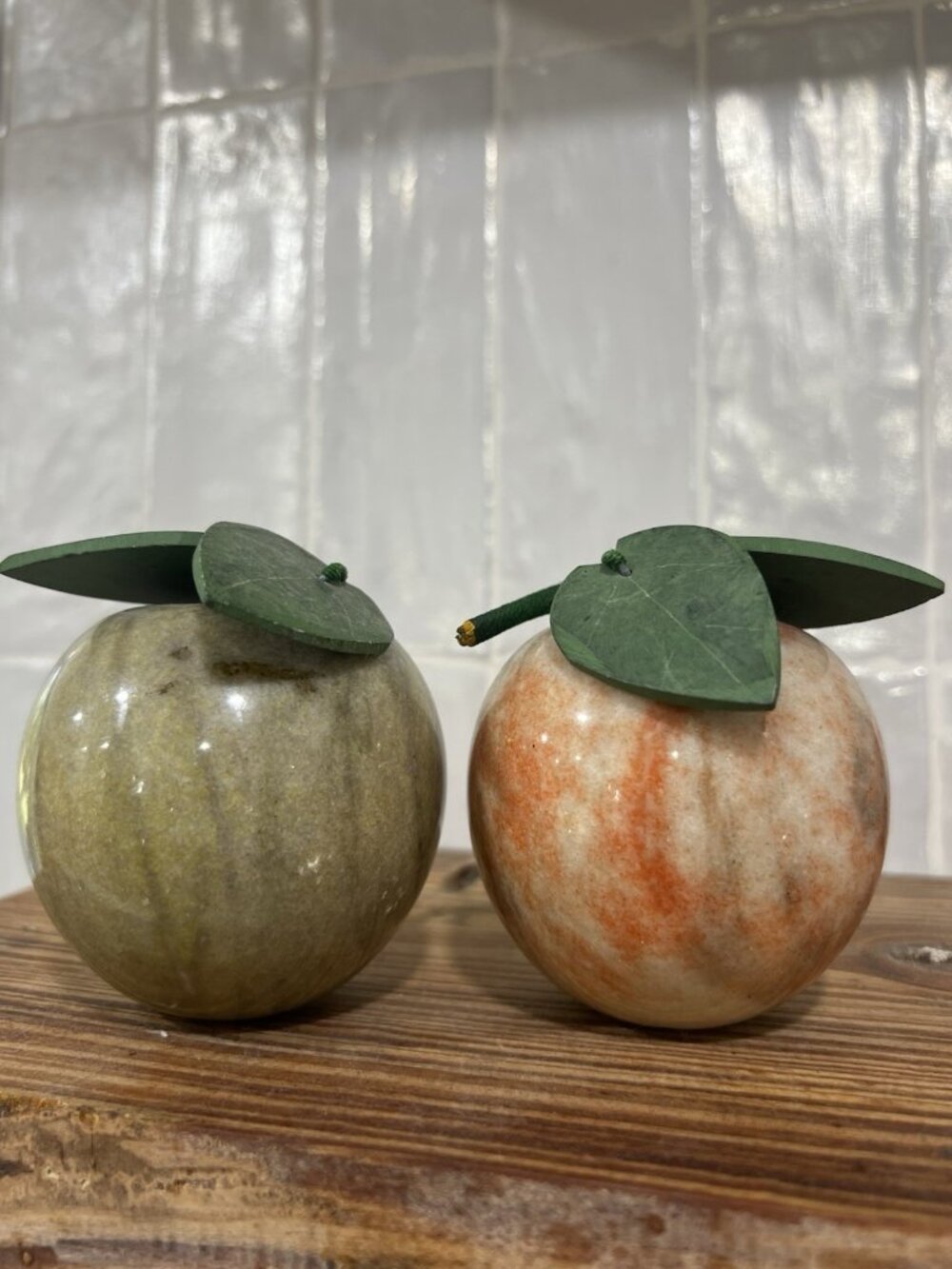 Vintage Solid Marble Alabaster Apple Figurines Pair MCM Stone Fruit Decor 1970s